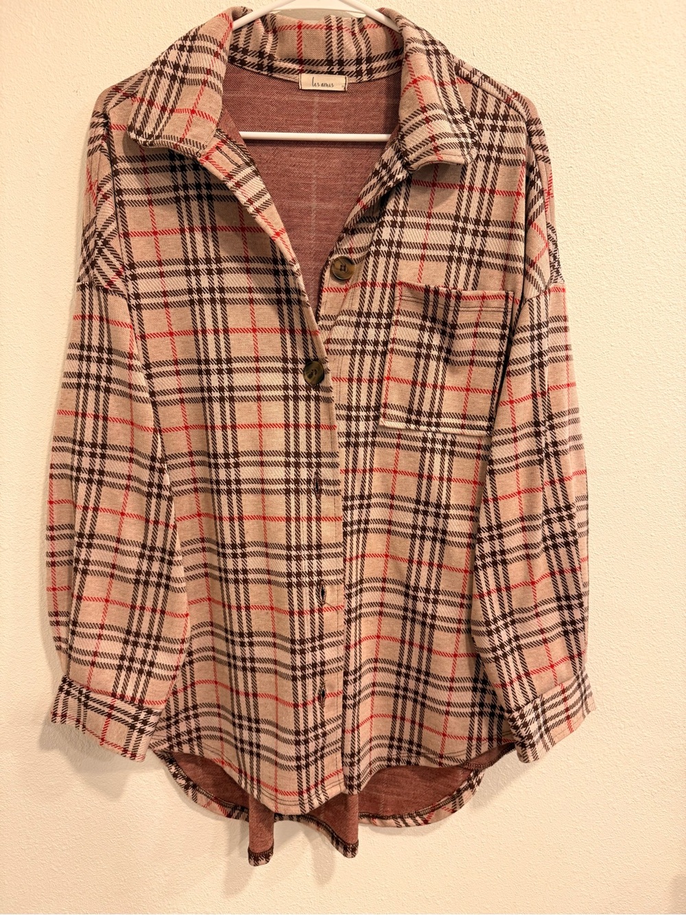 Plaid Button-Front Shacket in Beige/Black by la vie